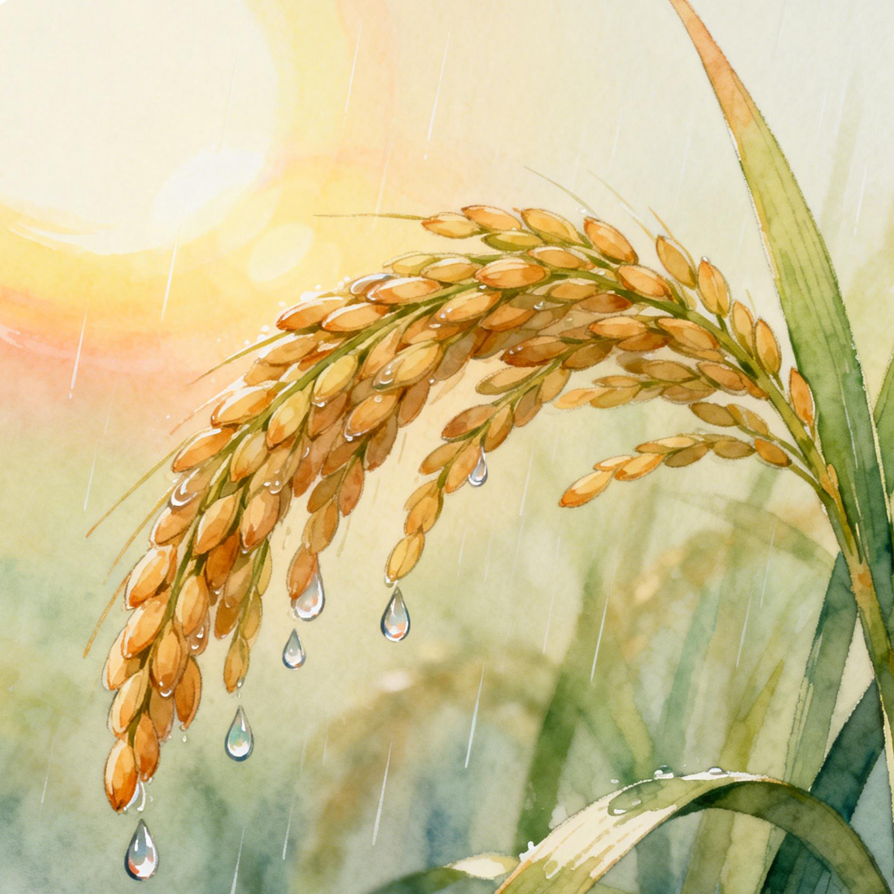 jimeng-2026-02-03-6491-文艺插画风格的方形图标，谷雨。一株饱满的稻穗，被几滴晶莹的雨水滋润，稻穗因此微微....png