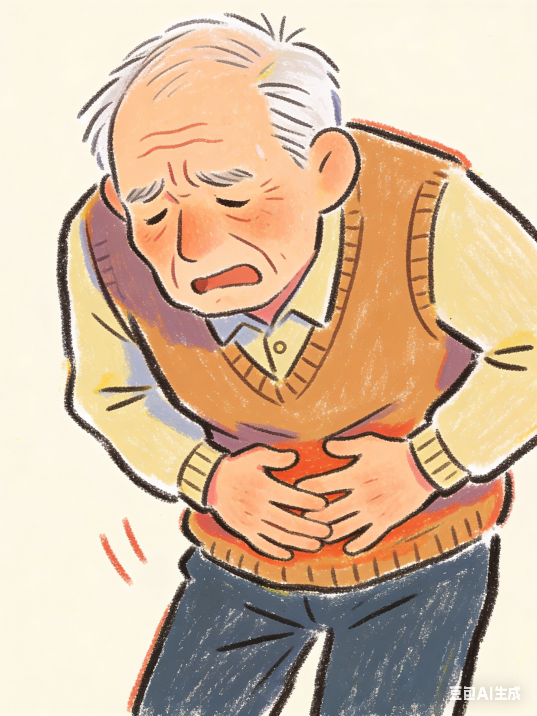 蜡笔风格老人肚子疼插画.png