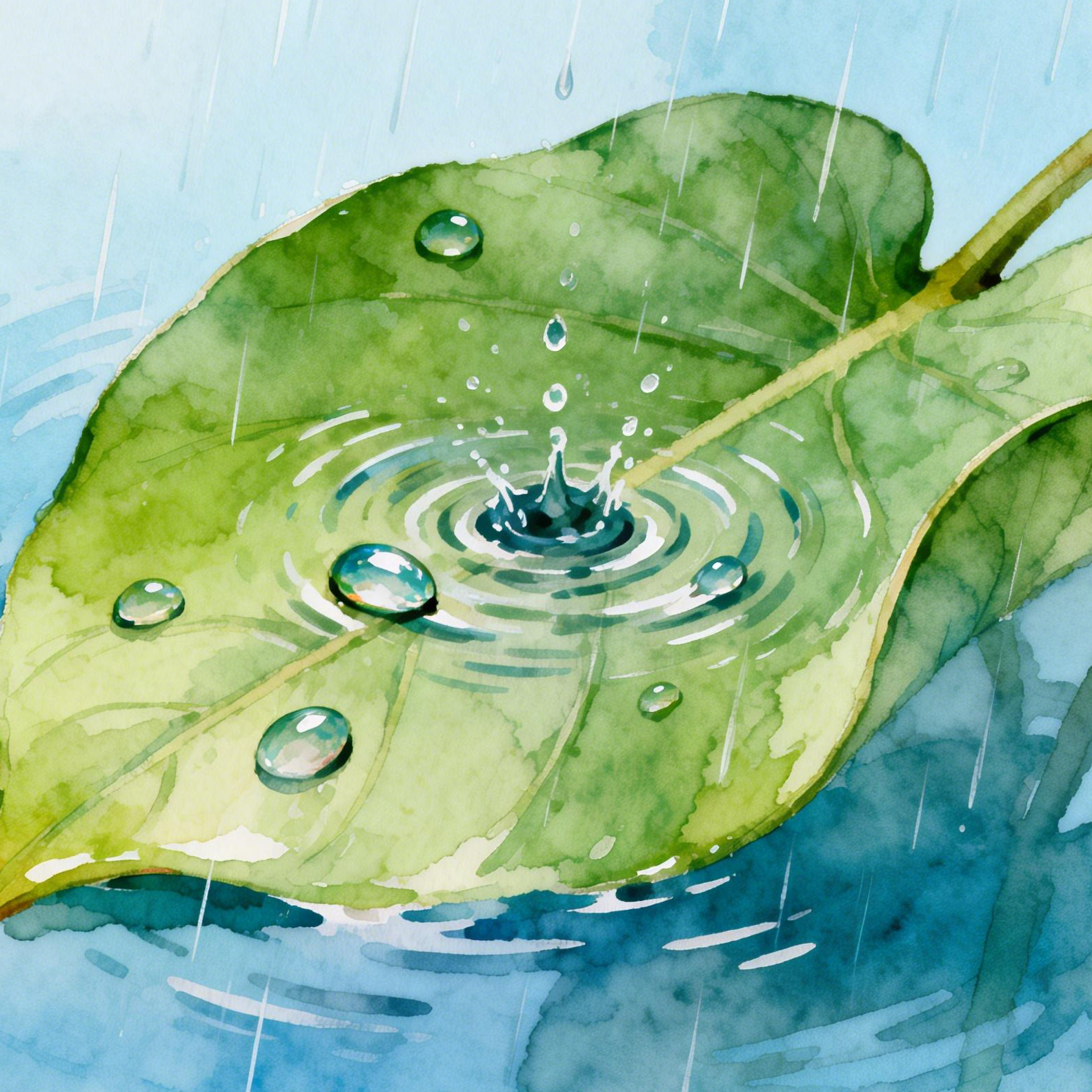 jimeng-2026-02-03-9249-文艺插画风格的方形图标，雨水。一片宽大的绿色叶子上，几颗晶莹的雨滴刚刚落下，在叶....png
