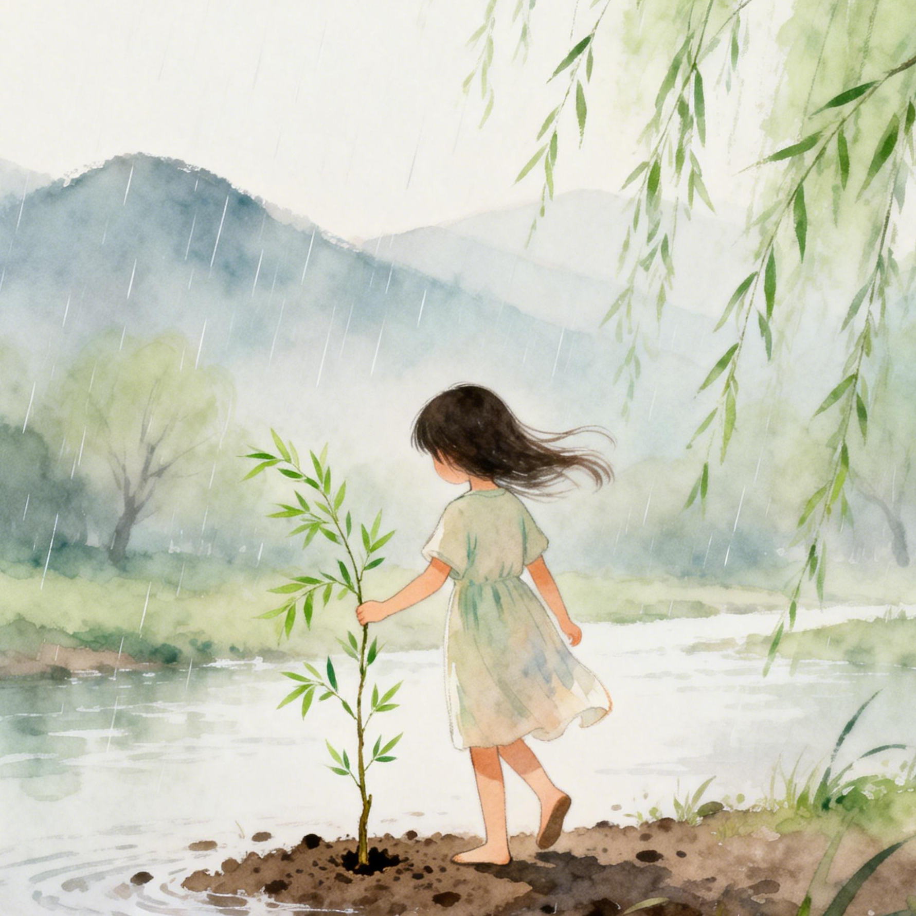 jimeng-2026-02-03-1058-文艺插画风格的方形图标，清明。一个小女孩的背影，她正踮起脚尖，将一枝嫩绿的柳条插....png